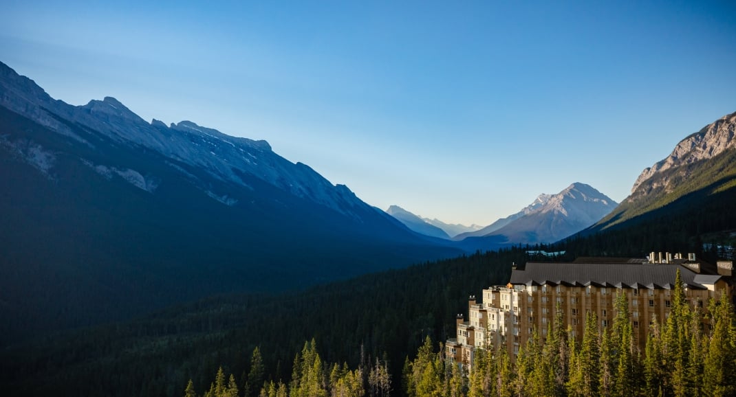 The Rimrock Banff, Emblems Collection as seen from a drone looking down the Spray Valley