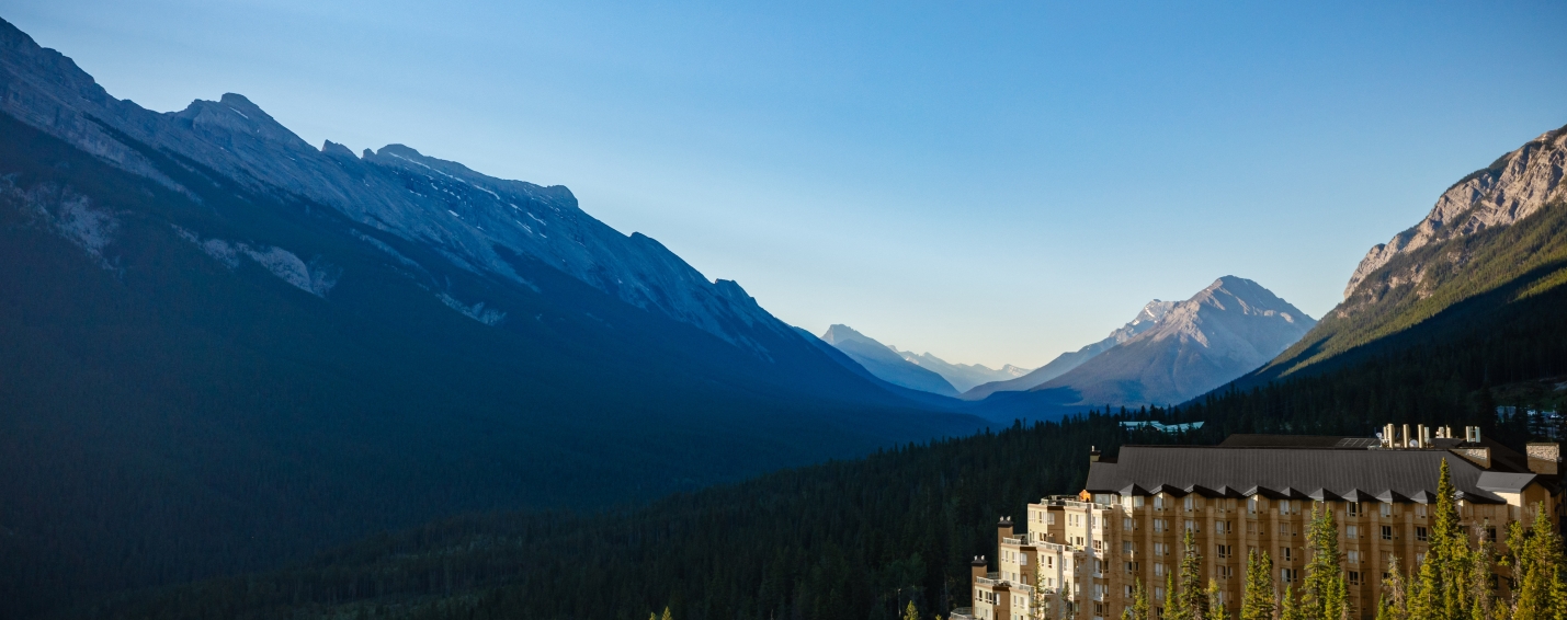 The Rimrock Banff, Emblems Collection as seen from a drone looking down the Spray Valley