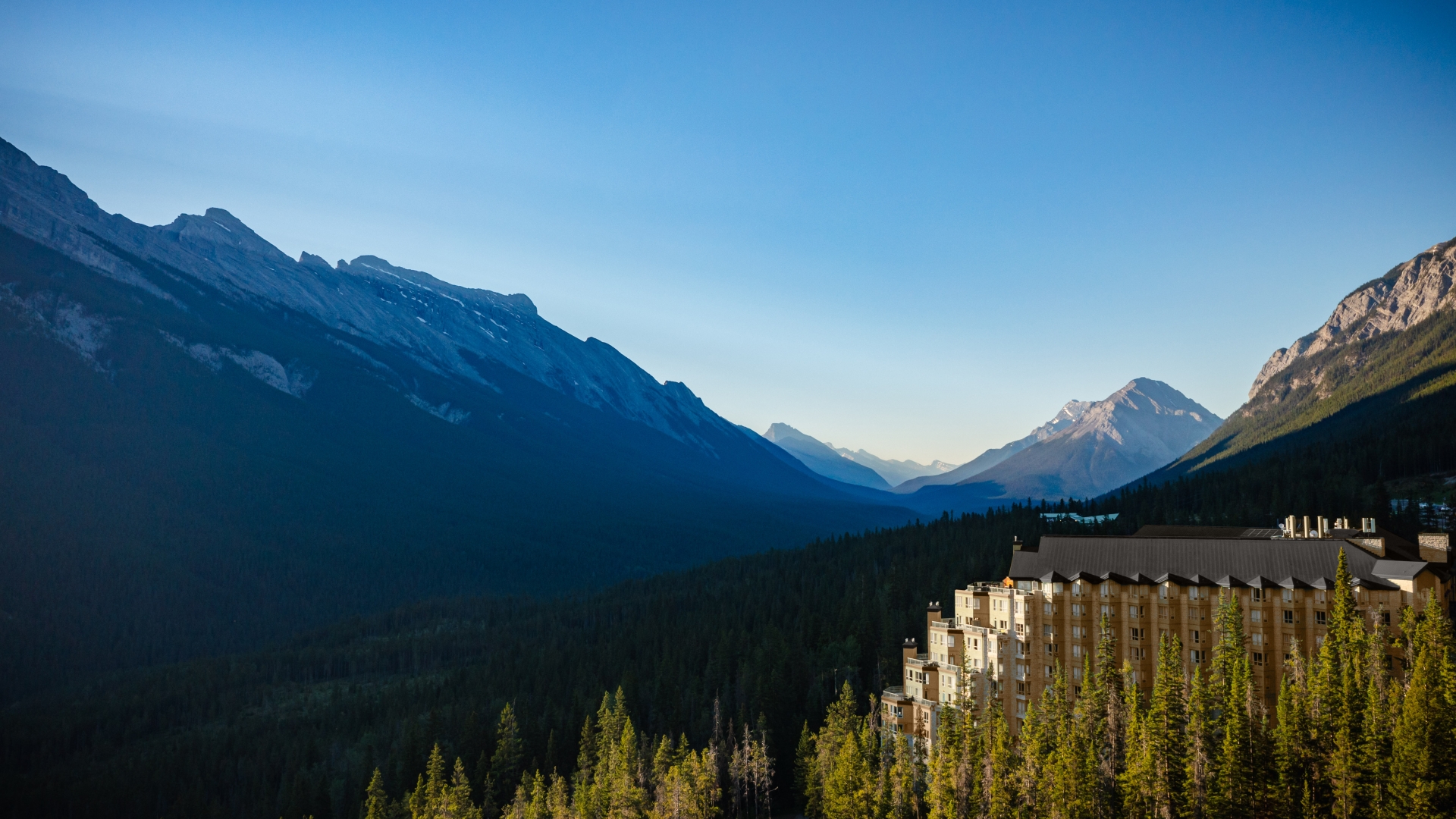The Rimrock Banff, Emblems Collection as seen from a drone looking down the Spray Valley