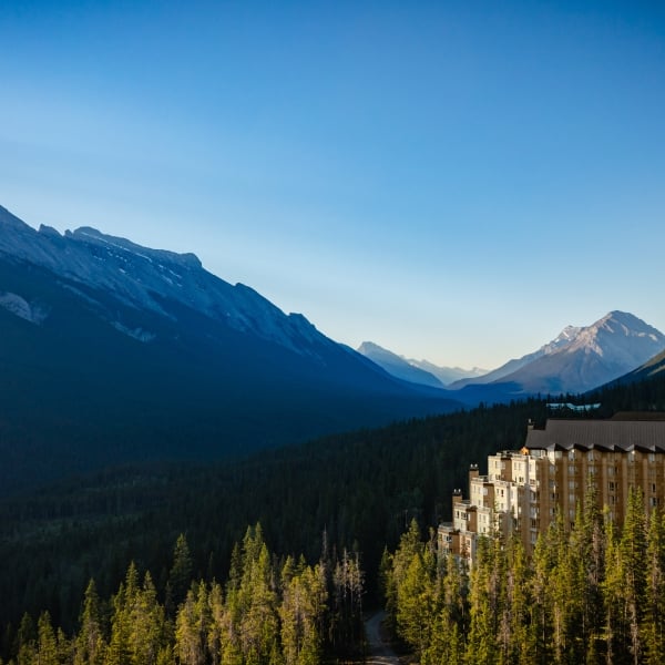 The Rimrock Banff, Emblems Collection as seen from a drone looking down the Spray Valley