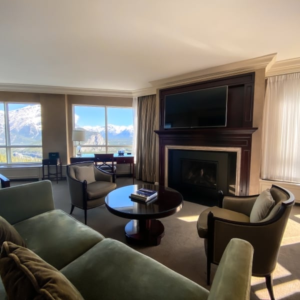 Living room with couch and fireplace