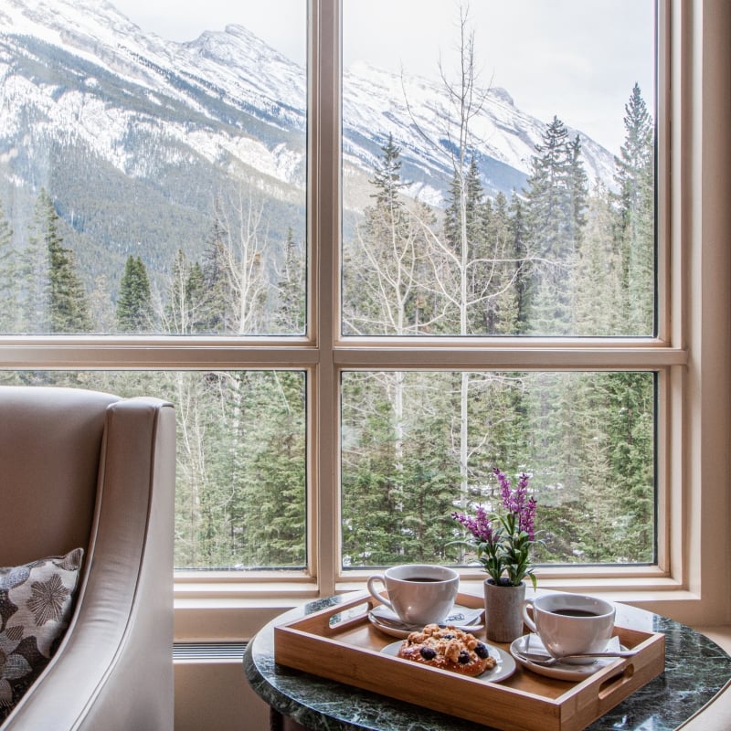 A breakfast tray with an outside view