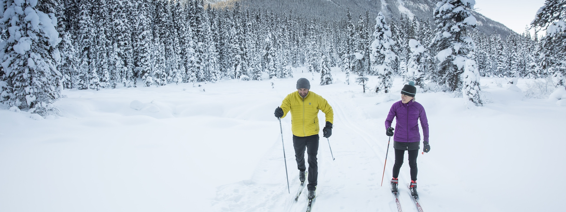 Two people cross country skiing