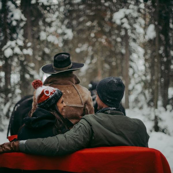 Two people on the back of a sleigh.
