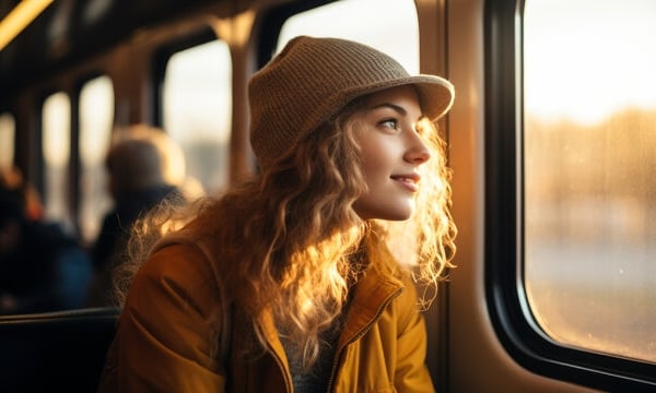 woman looking out window