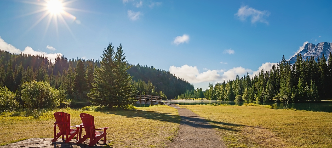 Two Red Chairs at Cascade Ponds in Banff