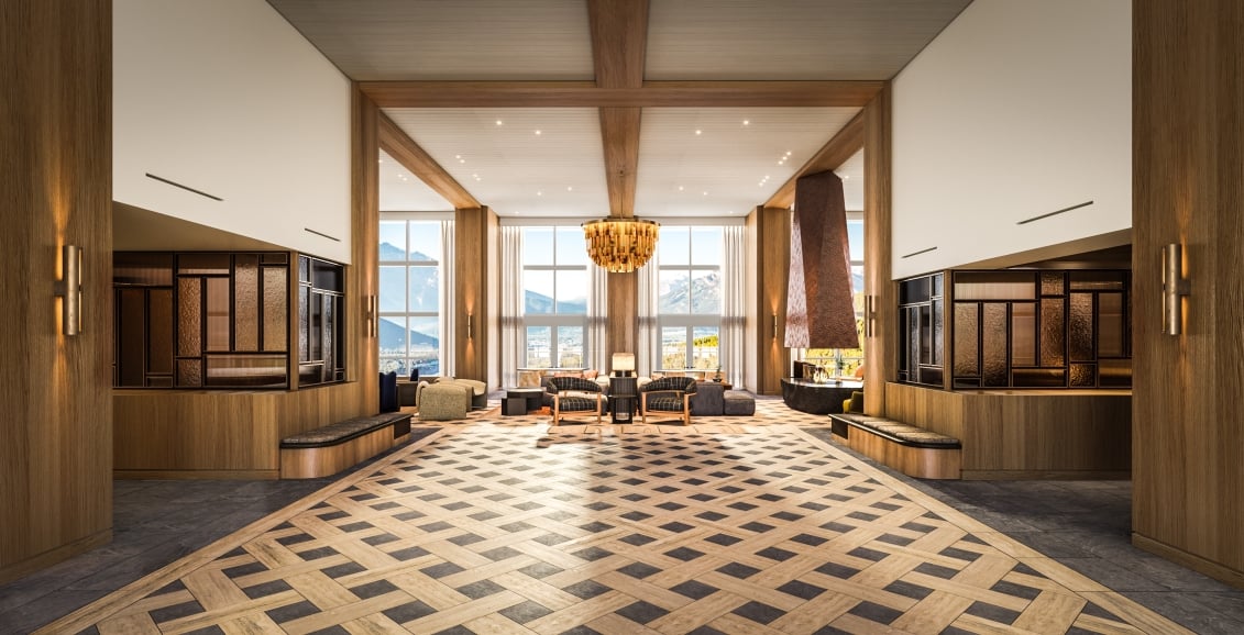 a rendering of the future lobby of the Rimrock Banff