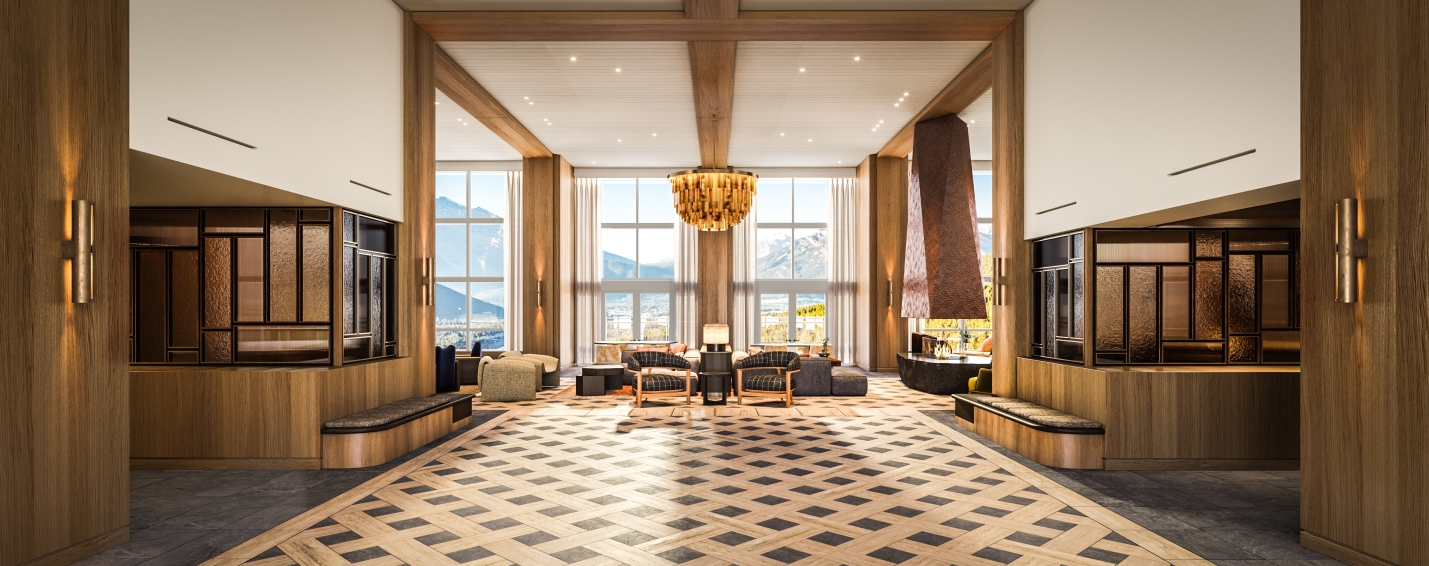 a rendering of the future lobby of the Rimrock Banff