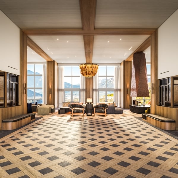 a rendering of the future lobby of the Rimrock Banff