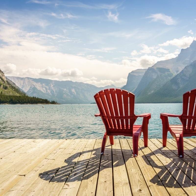 Red Parks Canada chairs at Lake Minnewanka