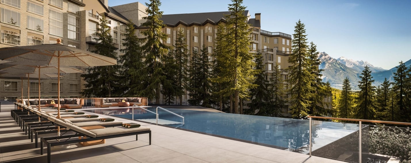 Rendering of Rimrock Banff, Emblems Collection infinity pool with mountains in the background