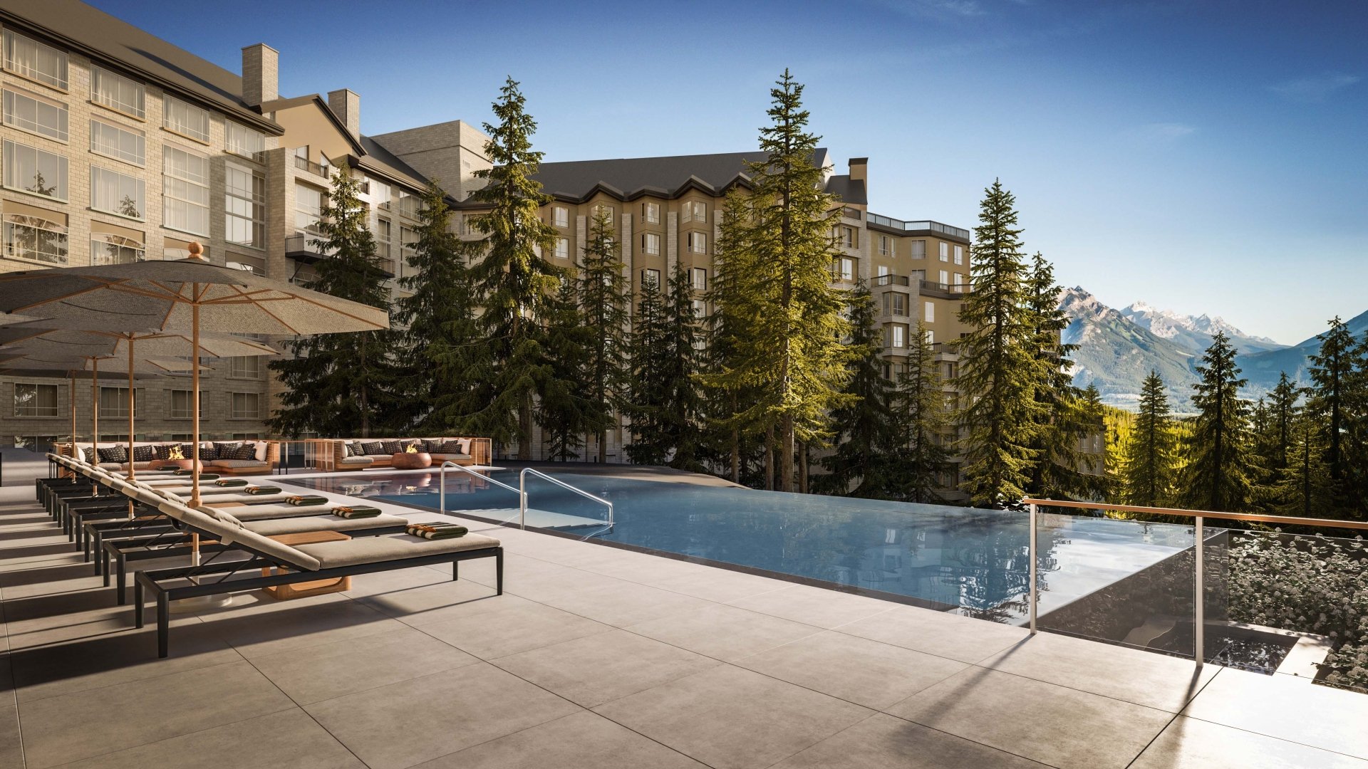 Rendering of Rimrock Banff, Emblems Collection infinity pool with mountains in the background