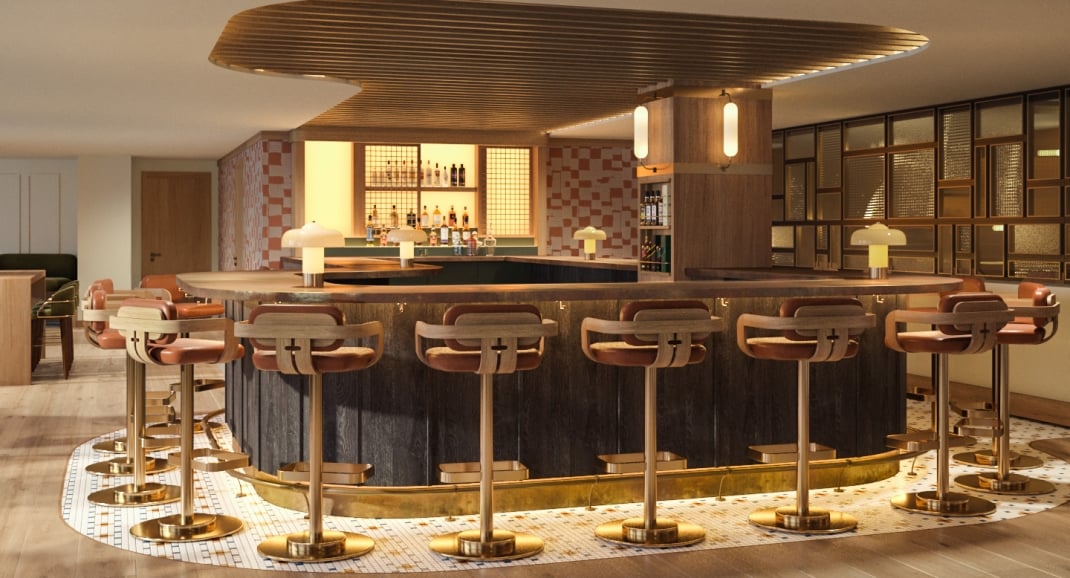 A rendering of the Bar at Social at Rimrock Banff, Emblems Collection.