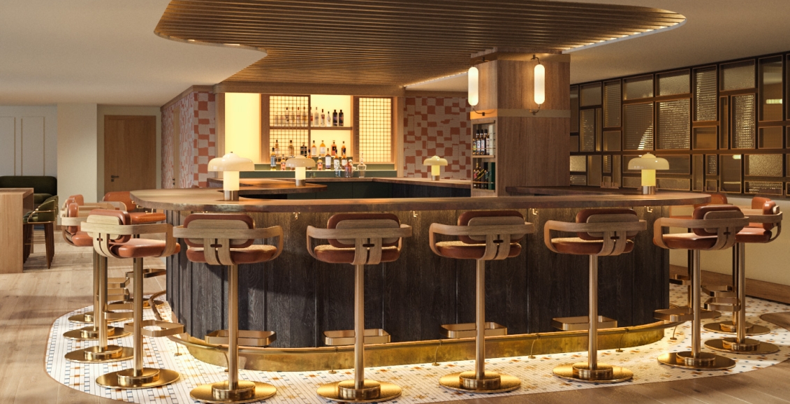 A rendering of the Bar at Social at Rimrock Banff, Emblems Collection.