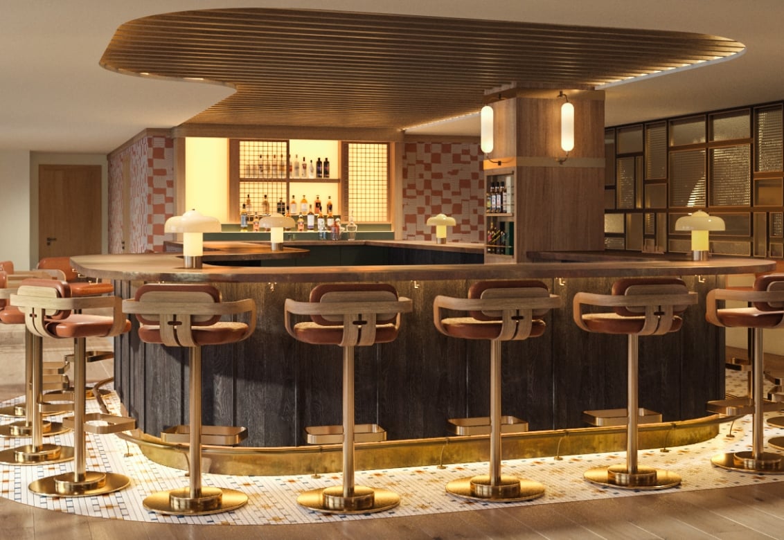 A rendering of the Bar at Social at Rimrock Banff, Emblems Collection.