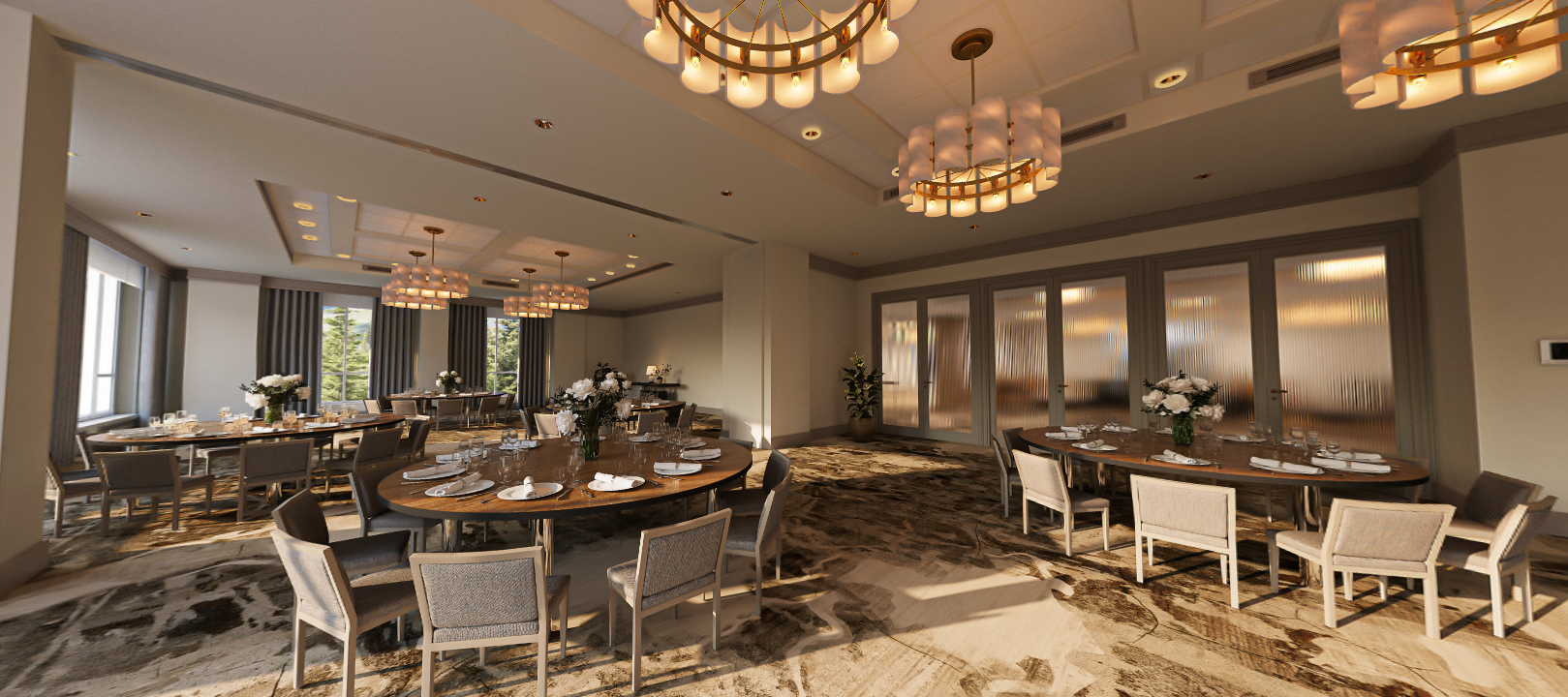 A beautiful meeting space at Rimrock Banff called Alpenglow with warm furnishings and mountain views.
