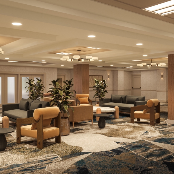 The Radiance Foyer at Rimrock Banff Emblems Collection. A warm room with soft textiles and neutral colours.