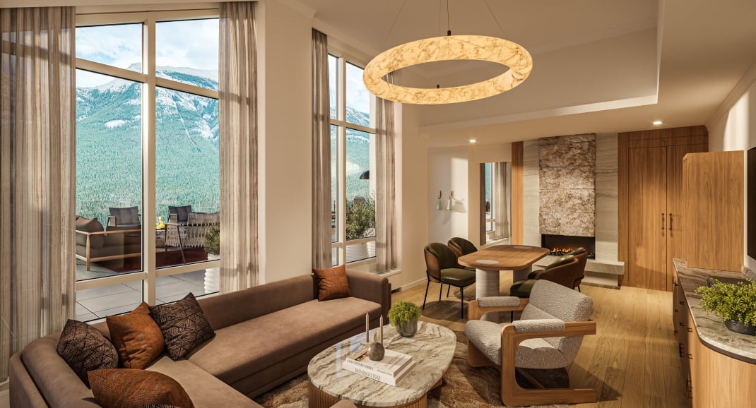 Rendering of the Infinity Suite at Rimrock Banff, Emblems Collection with warm furnishings and sweeping mountain views