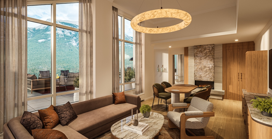 Rendering of the Infinity Suite at Rimrock Banff, Emblems Collection with warm furnishings and sweeping mountain views