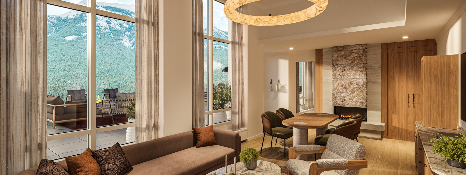 Rendering of the Infinity Suite at Rimrock Banff, Emblems Collection with warm furnishings and sweeping mountain views