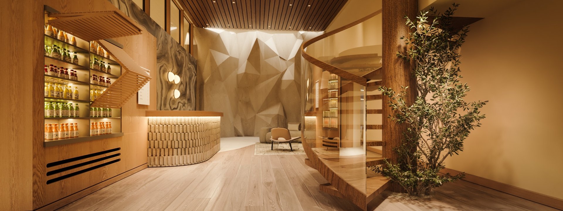 Juice bar at Rimrock Banff, Bathhouse with a climbing wall in the background.