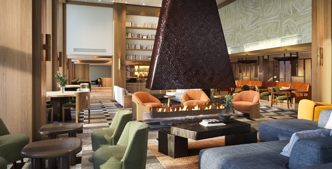 The lobby bar Social at Rimrock Banff, Emblems. The soft comfy chairs and huge central fireplace