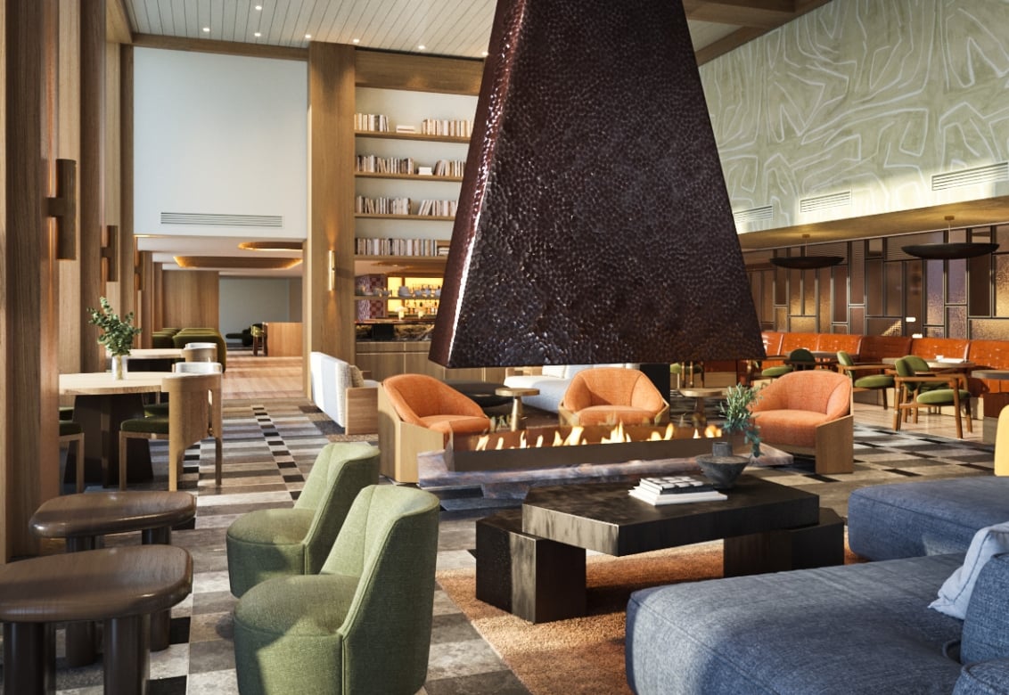 The lobby bar Social at Rimrock Banff, Emblems. The soft comfy chairs and huge central fireplace