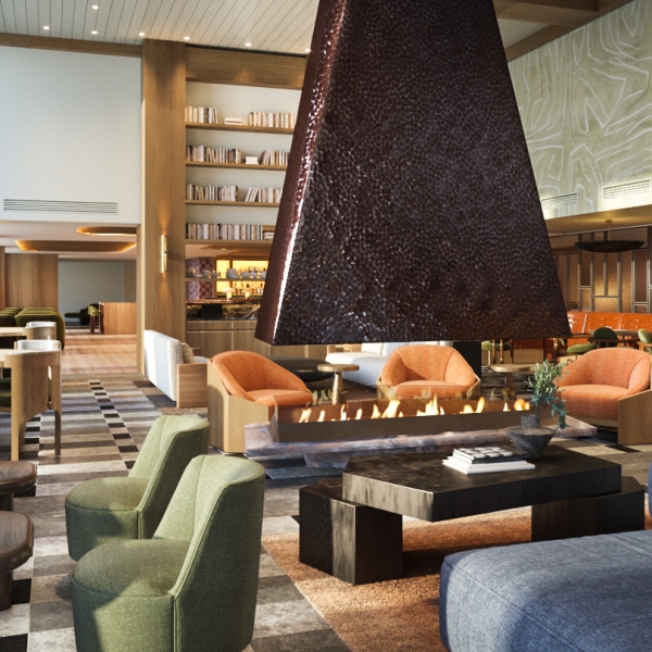 The lobby bar Social at Rimrock Banff, Emblems. The soft comfy chairs and huge central fireplace