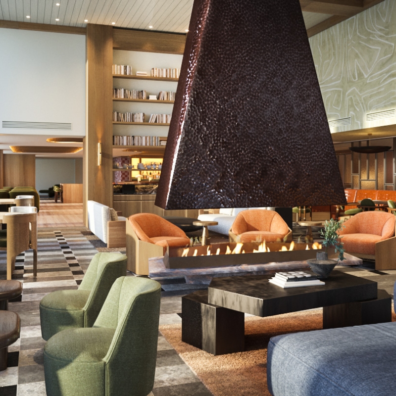 The lobby bar Social at Rimrock Banff, Emblems. The soft comfy chairs and huge central fireplace