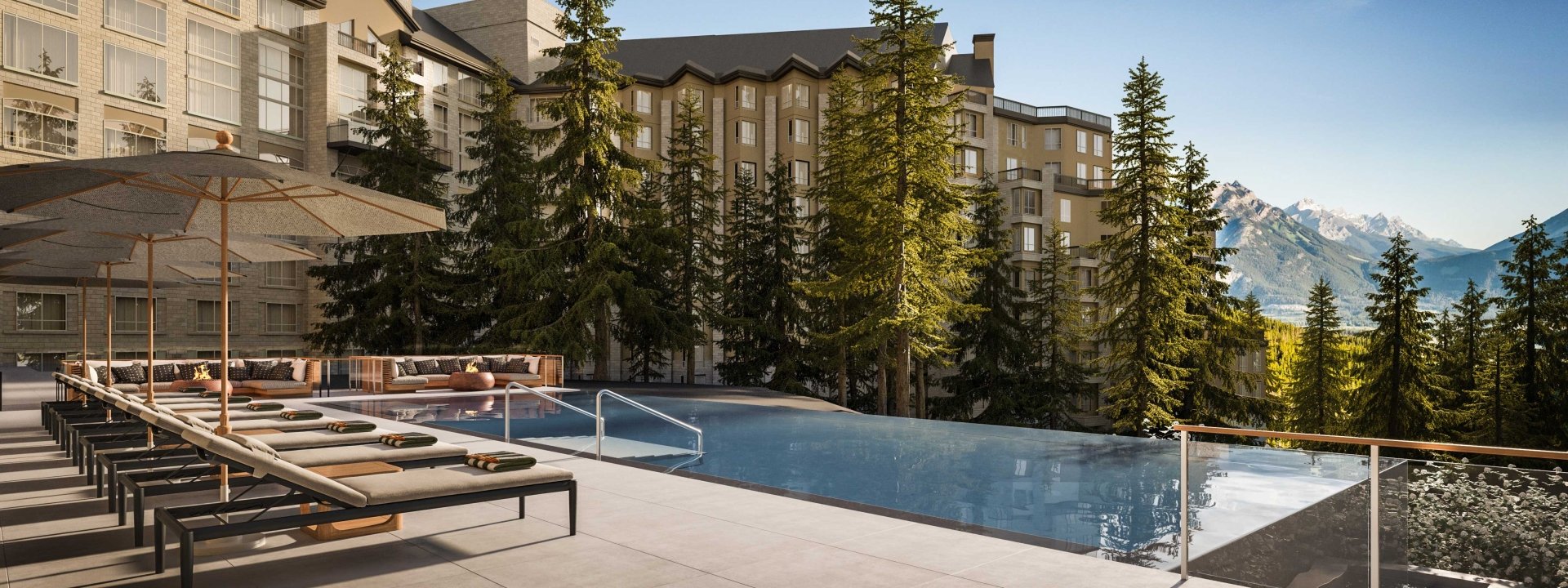 Rendering of the outdoor infinity pool at Rimrock Banff, Emblems Collection with mountains in the background