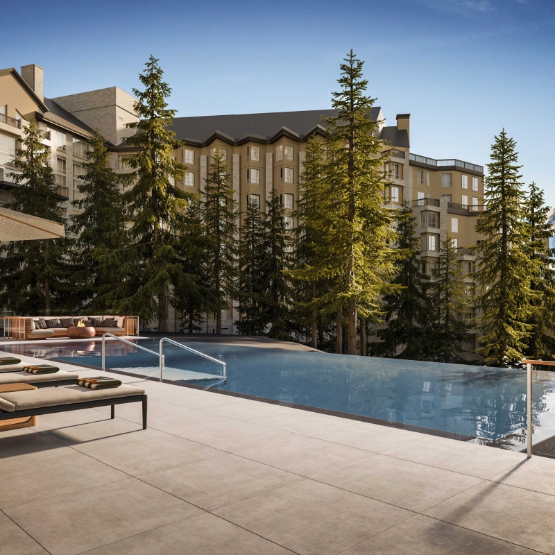 Rendering of the outdoor infinity pool at Rimrock Banff, Emblems Collection with mountains in the background