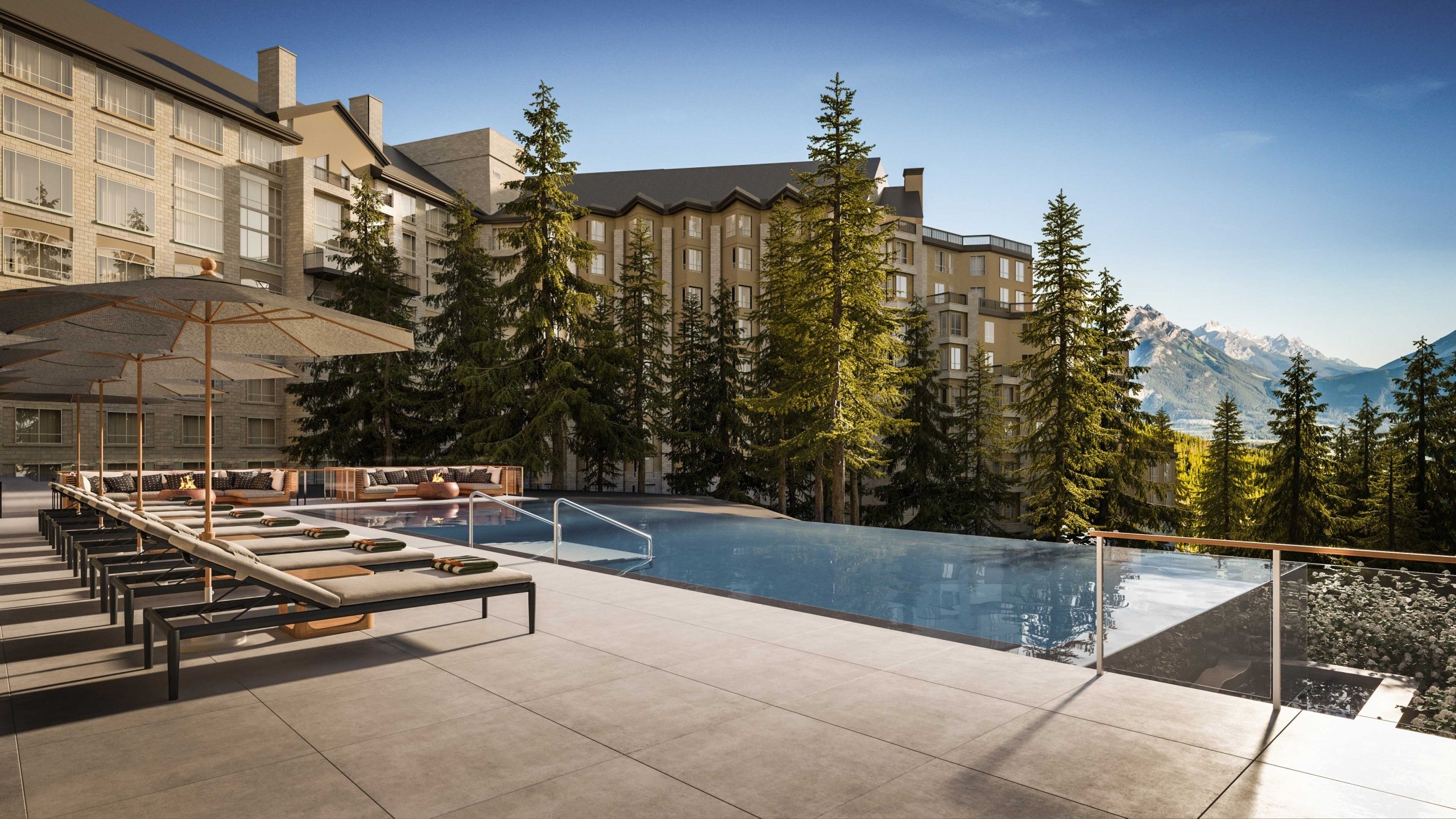 Rendering of the outdoor infinity pool at Rimrock Banff, Emblems Collection with mountains in the background