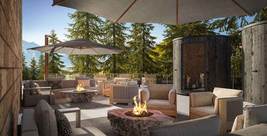 Outdoor sitting area in Banff at the Rimrock Resort Hotel